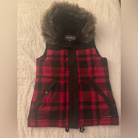 Eddie Bauer Jackets & Blazers - Eddie Bauer plaid down fur hoodie vest size Medium